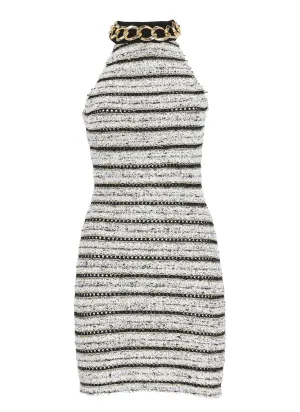 Balmain Chain Link Embellished Halterneck Tweed Mini Dress