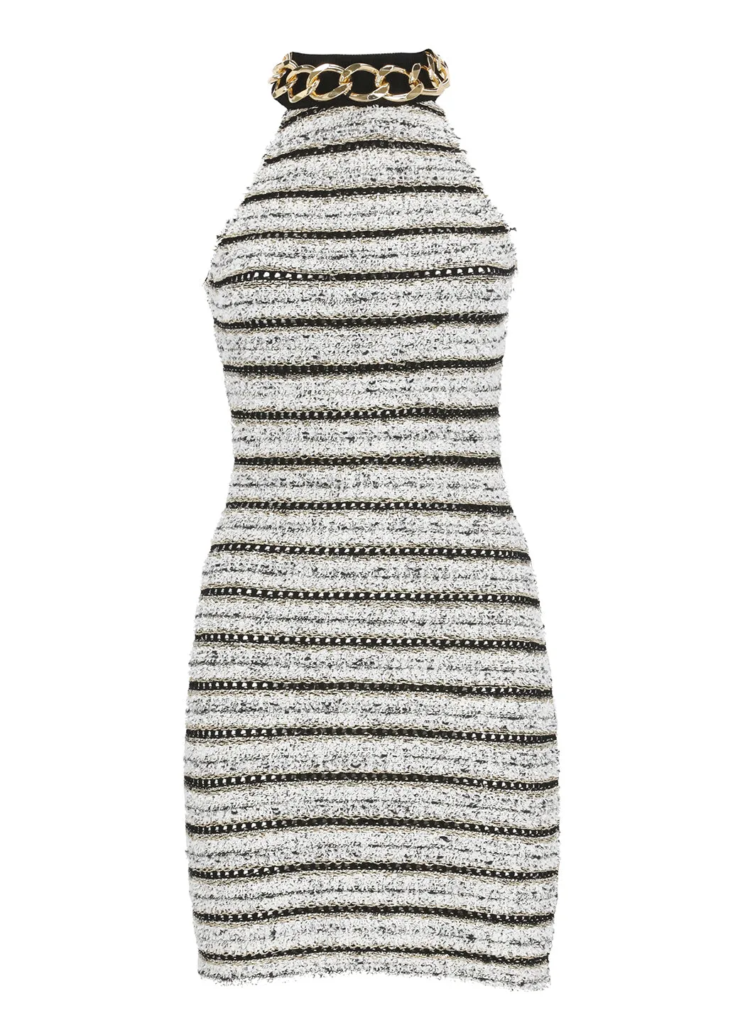 Balmain Chain Link Embellished Halterneck Tweed Mini Dress