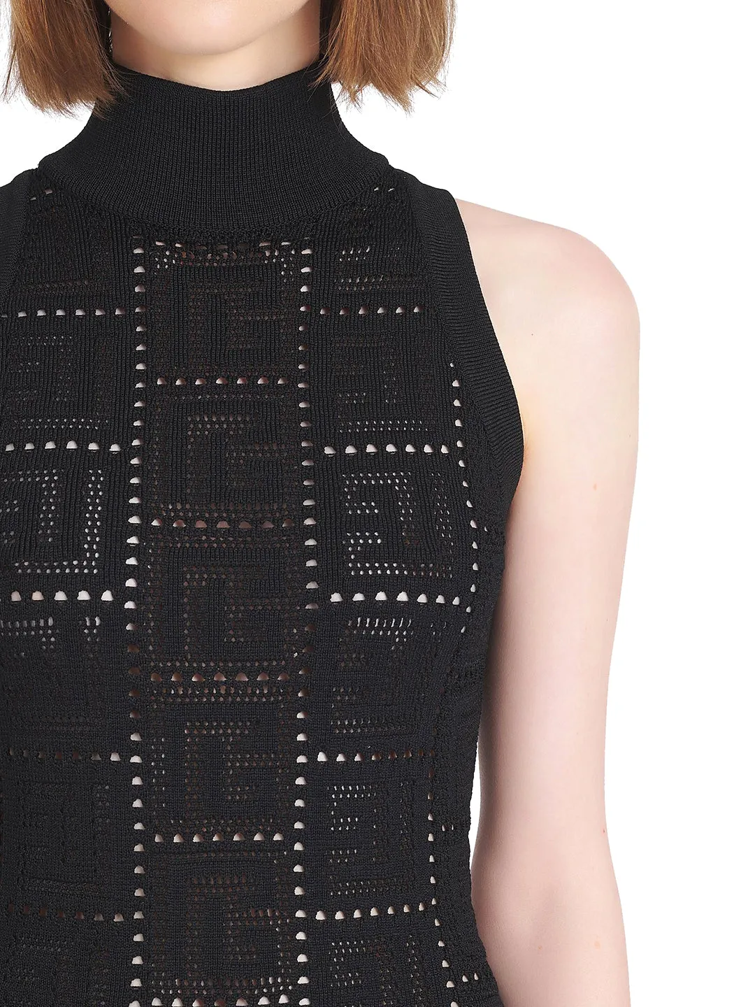 Balmain Funnel-Neck Monogram Sleeveless Mini Dress