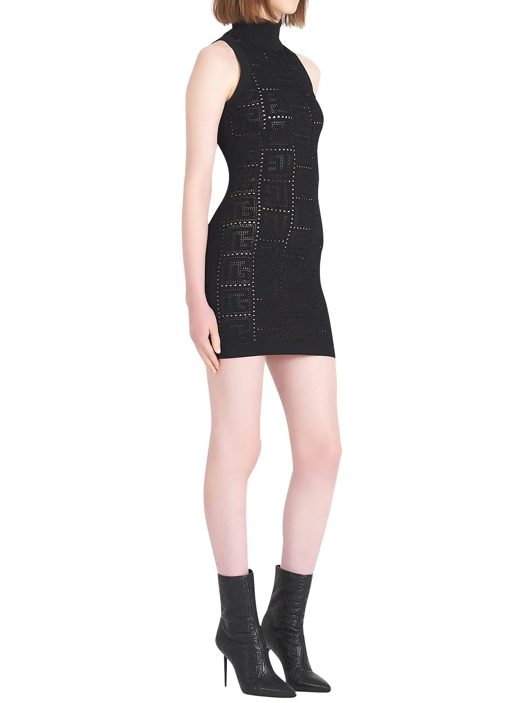 Balmain Funnel-Neck Monogram Sleeveless Mini Dress