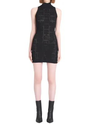 Balmain Funnel-Neck Monogram Sleeveless Mini Dress