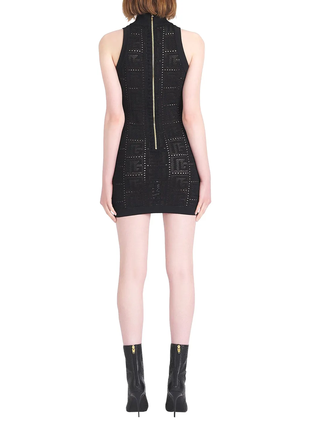 Balmain Funnel-Neck Monogram Sleeveless Mini Dress