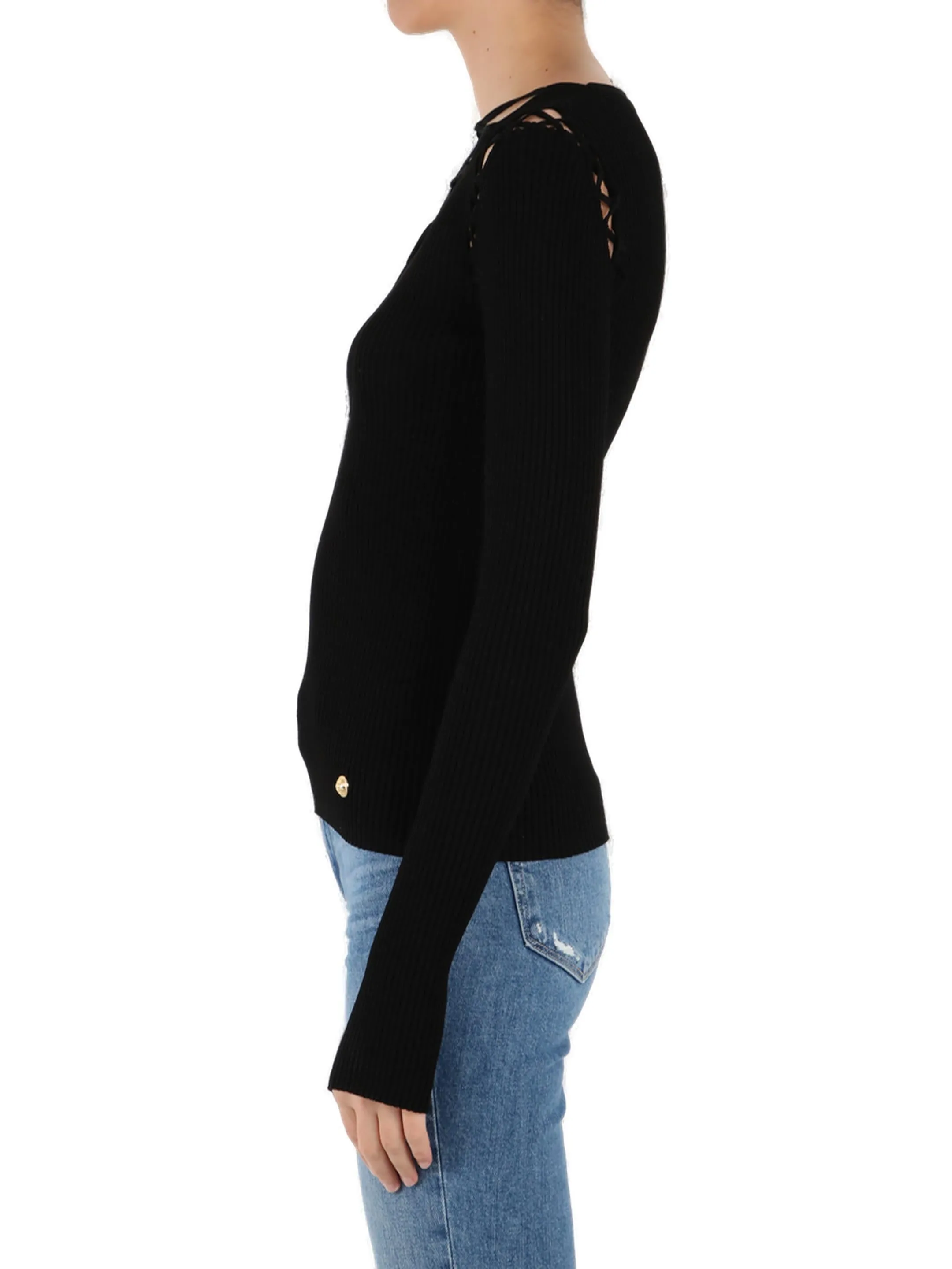 Balmain Lace-Up Shoulder Detailed V-Neck Knitted Top