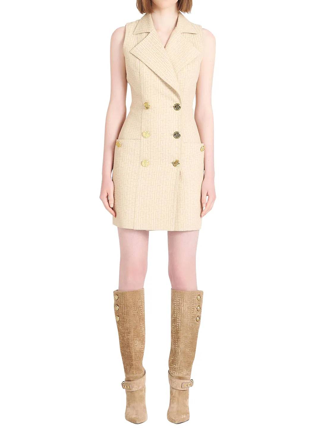 Balmain Monogram V-Neck Sleeveless Mini Dress