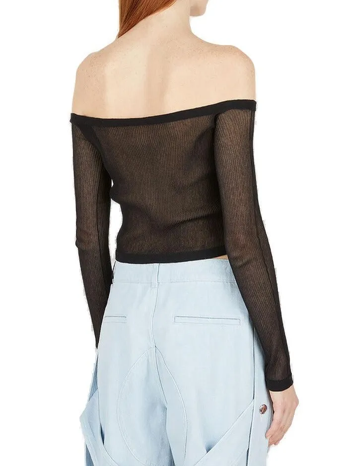 Burberry Sheer Off-Shoulder Ribbed Long Sleeved Top