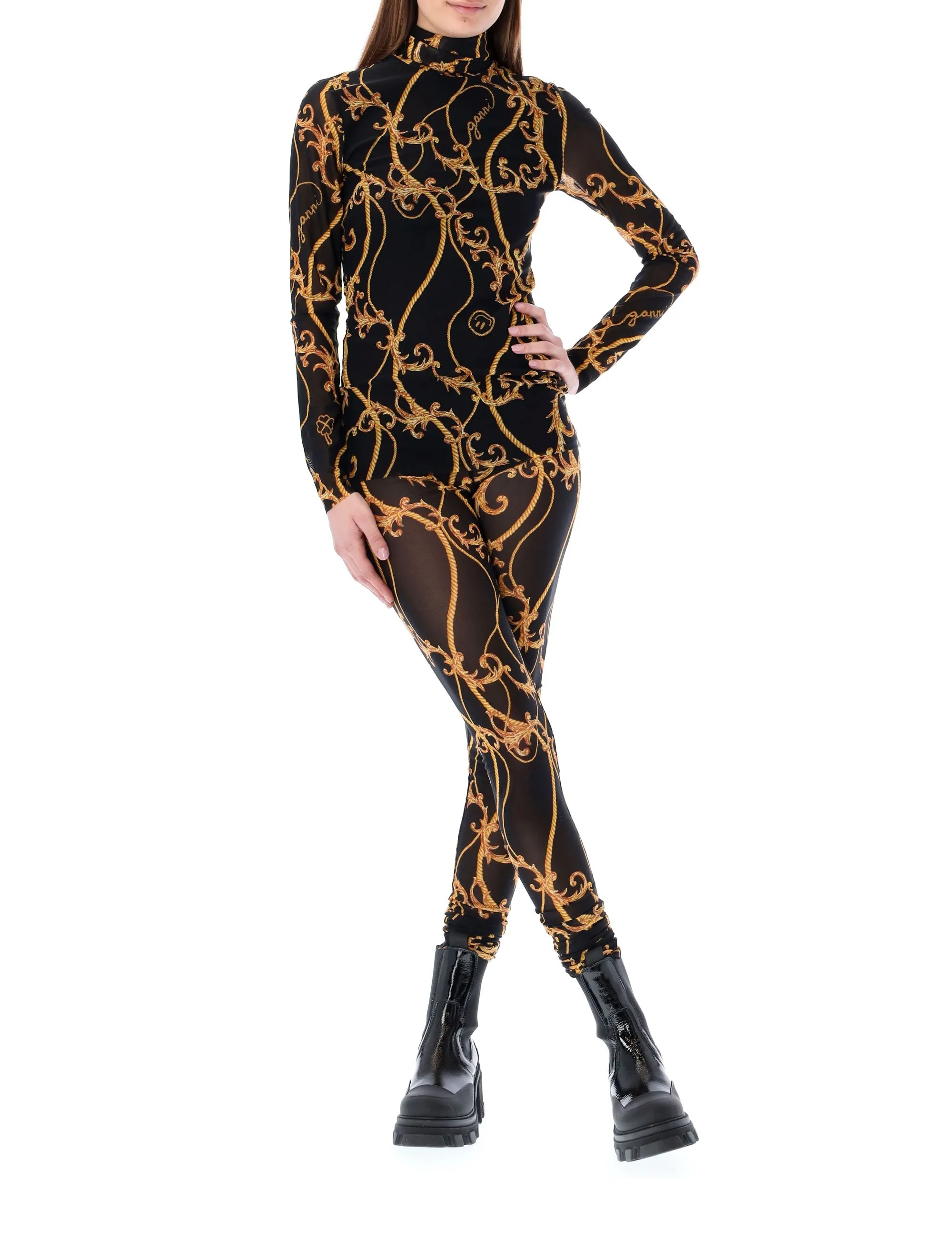 Ganni Baroque-Print Mid Rise Mesh Leggings