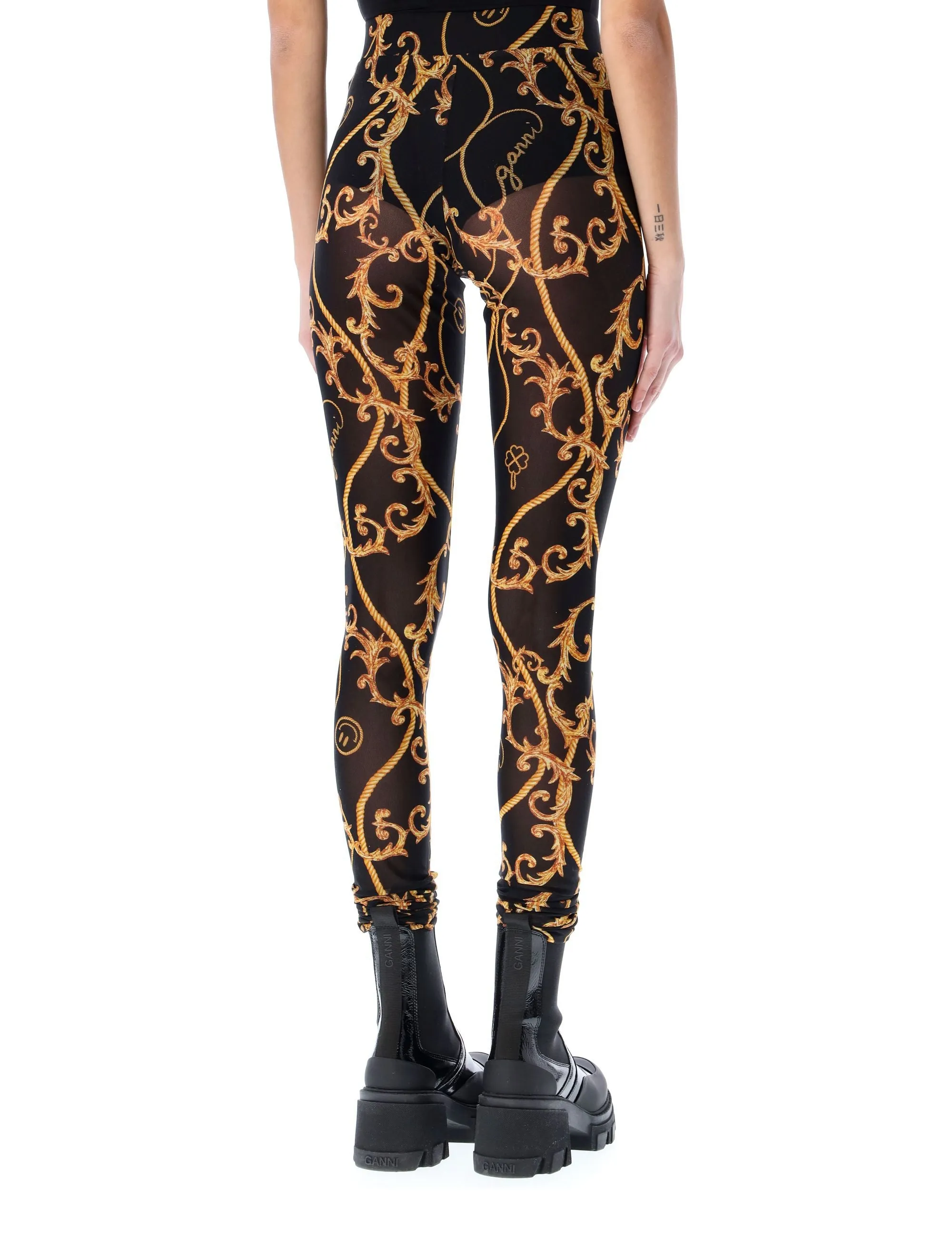 Ganni Baroque-Print Mid Rise Mesh Leggings