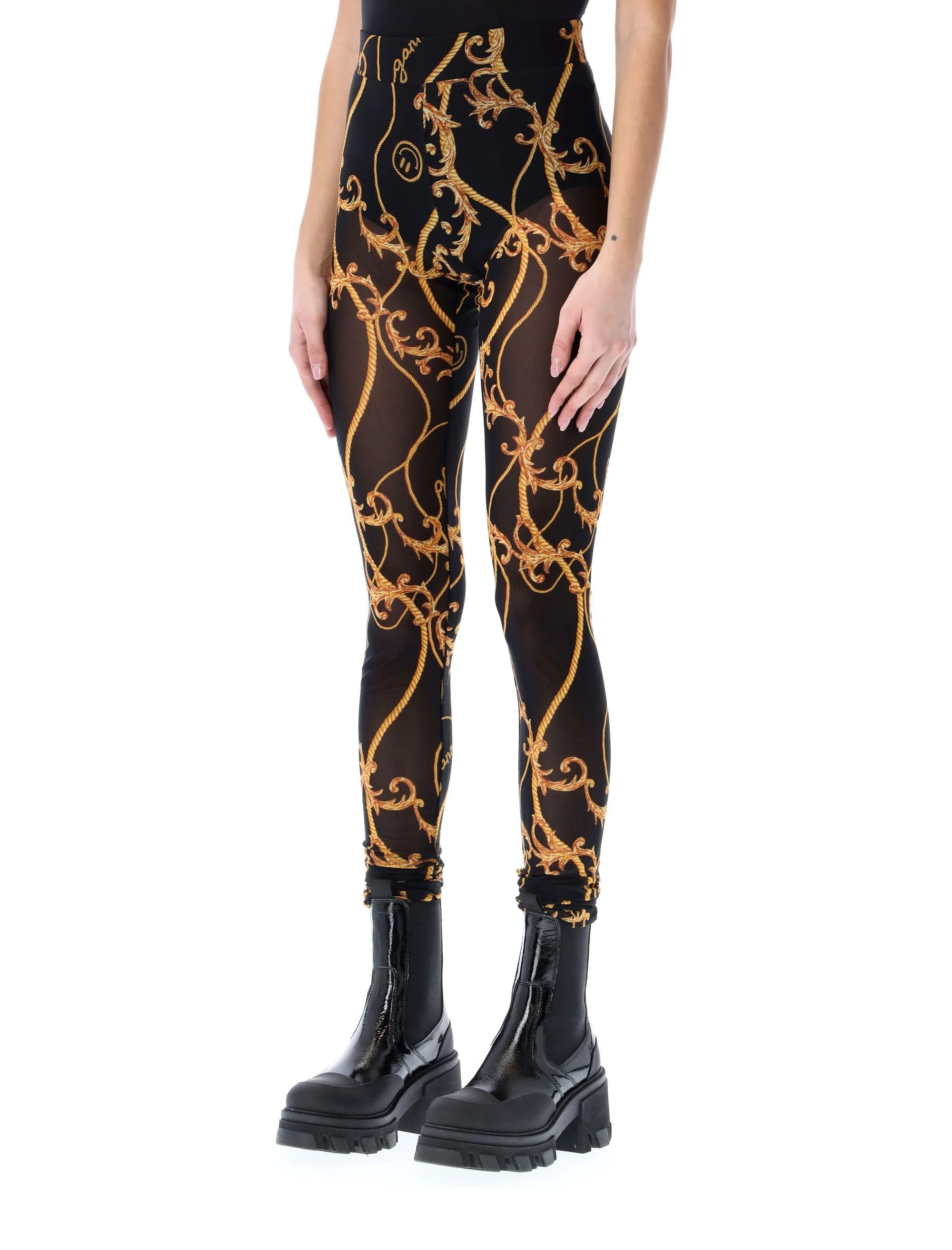 Ganni Baroque-Print Mid Rise Mesh Leggings