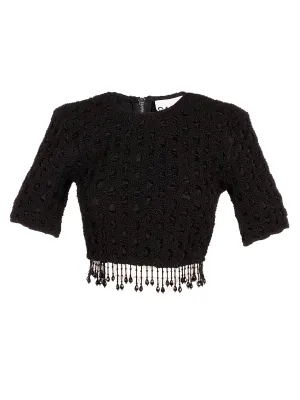 Ganni Fringed Crewneck Short Sleeved Cropped Top