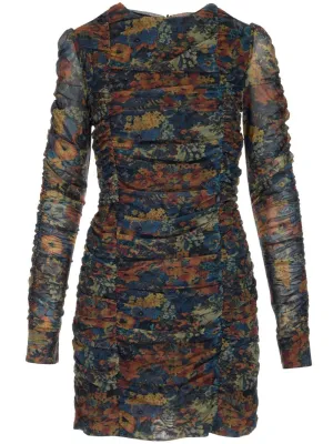 Ganni Printed Mesh O-Neck Gathered Mini Dress