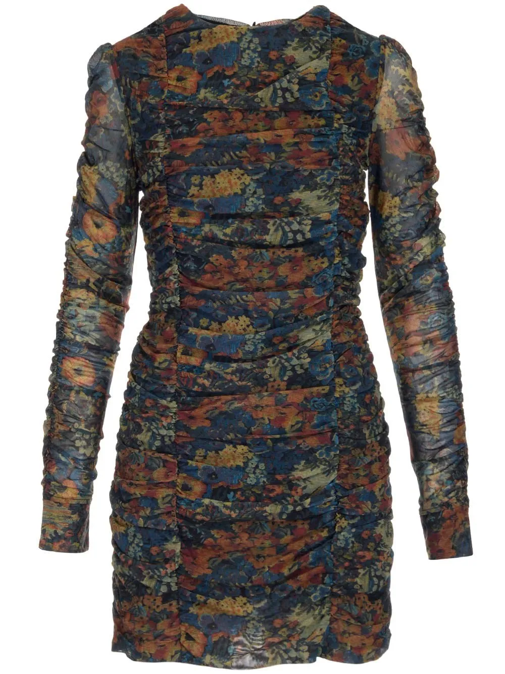 Ganni Printed Mesh O-Neck Gathered Mini Dress