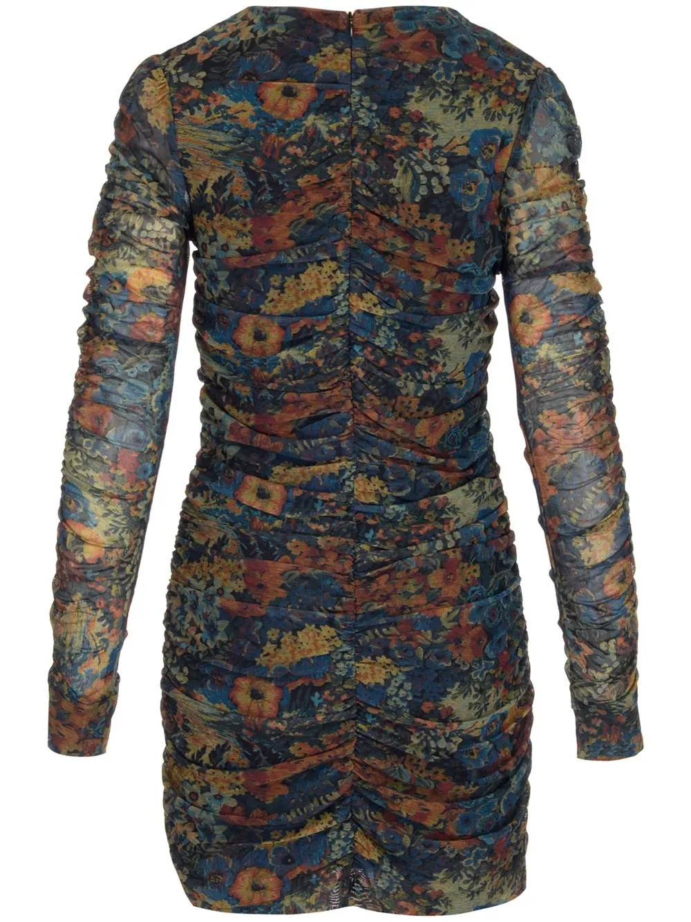 Ganni Printed Mesh O-Neck Gathered Mini Dress