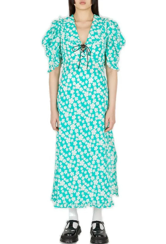 Miu Miu Floral Printed Ruffled Trim Midi Dress