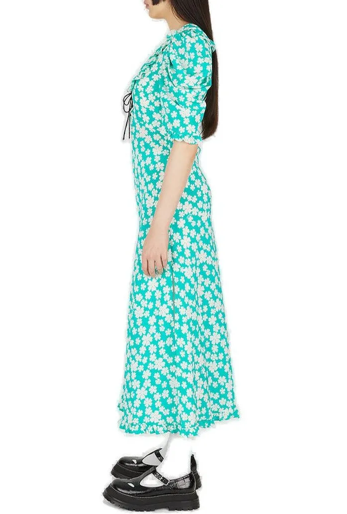 Miu Miu Floral Printed Ruffled Trim Midi Dress