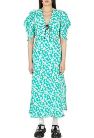 Miu Miu Floral Printed Ruffled Trim Midi Dress