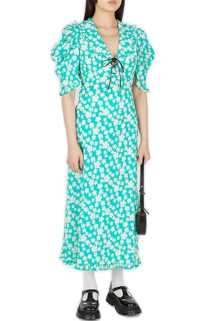 Miu Miu Floral Printed Ruffled Trim Midi Dress