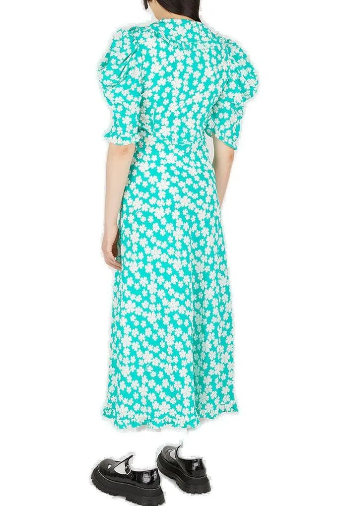 Miu Miu Floral Printed Ruffled Trim Midi Dress