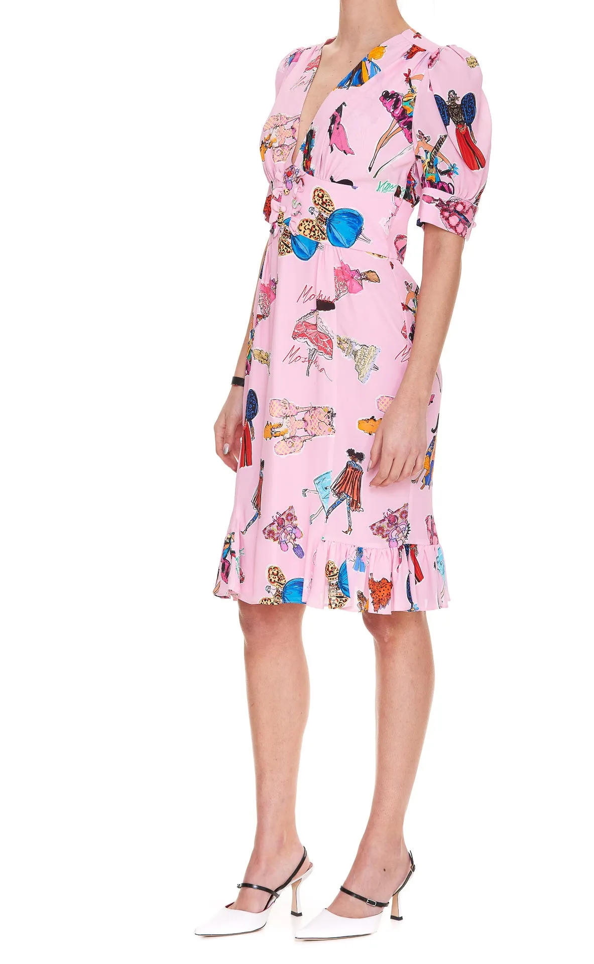 Moschino Allover Graphic Printed V-Neck Dress