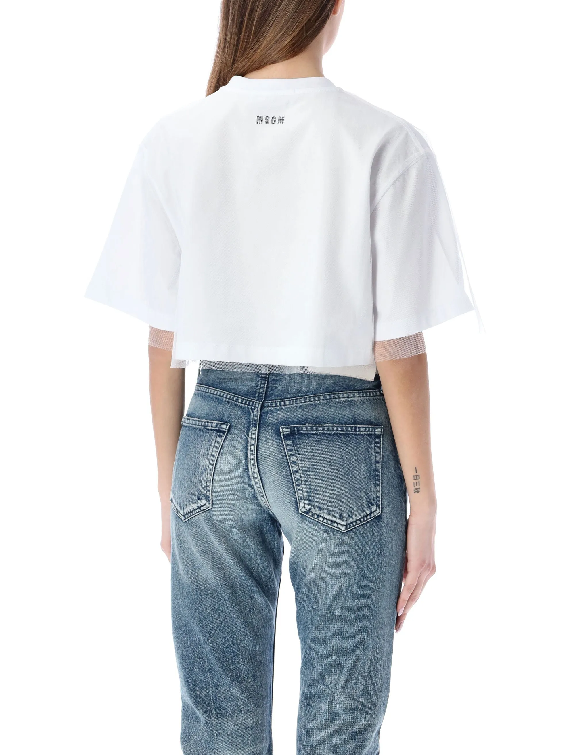 MSGM Heart Patch Tulle Overlay Cropped T-Shirt
