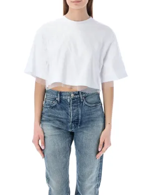 MSGM Heart Patch Tulle Overlay Cropped T-Shirt