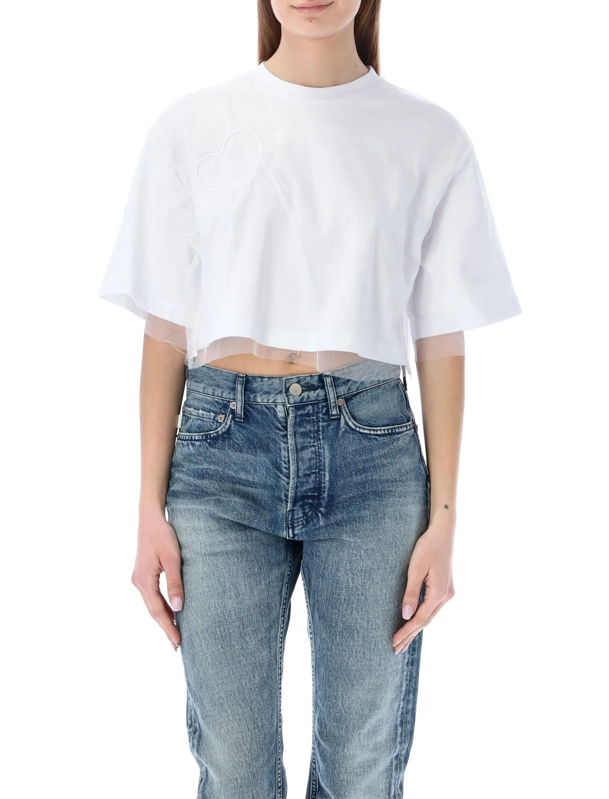 MSGM Heart Patch Tulle Overlay Cropped T-Shirt