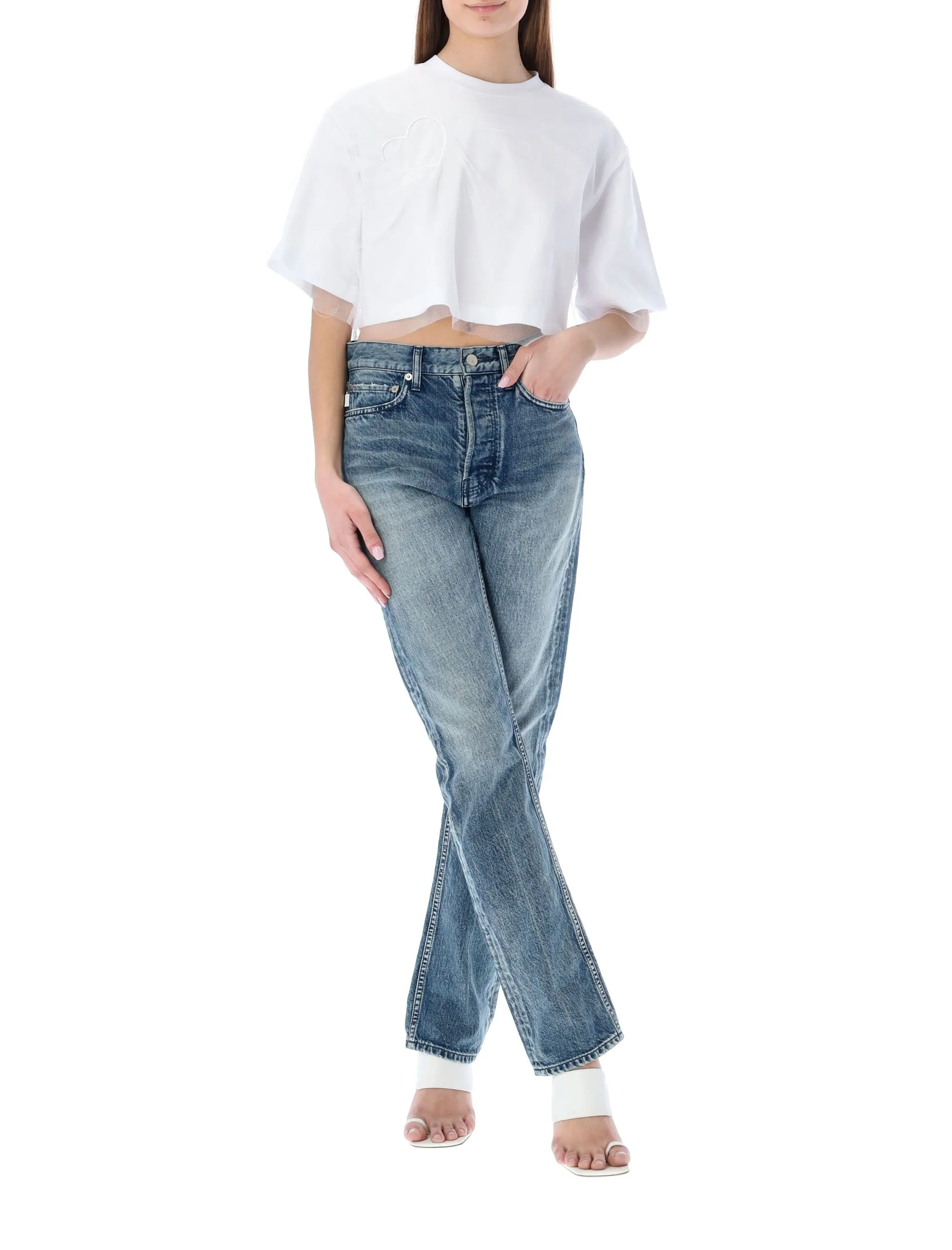 MSGM Heart Patch Tulle Overlay Cropped T-Shirt