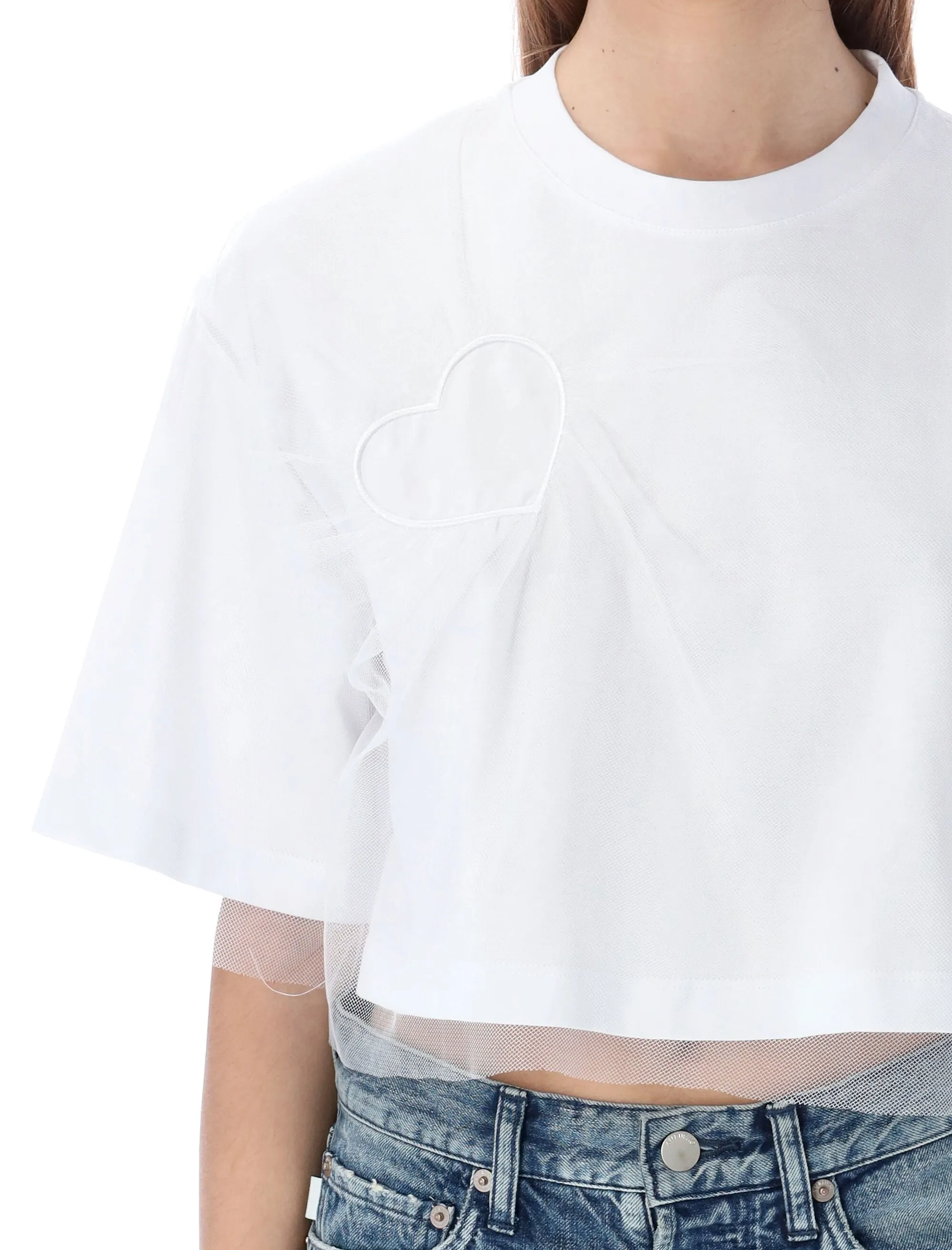 MSGM Heart Patch Tulle Overlay Cropped T-Shirt