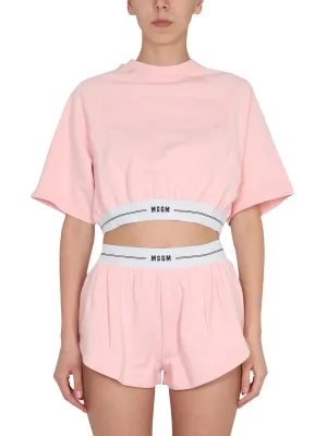 MSGM Logo Band Cropped Crewneck T-Shirt
