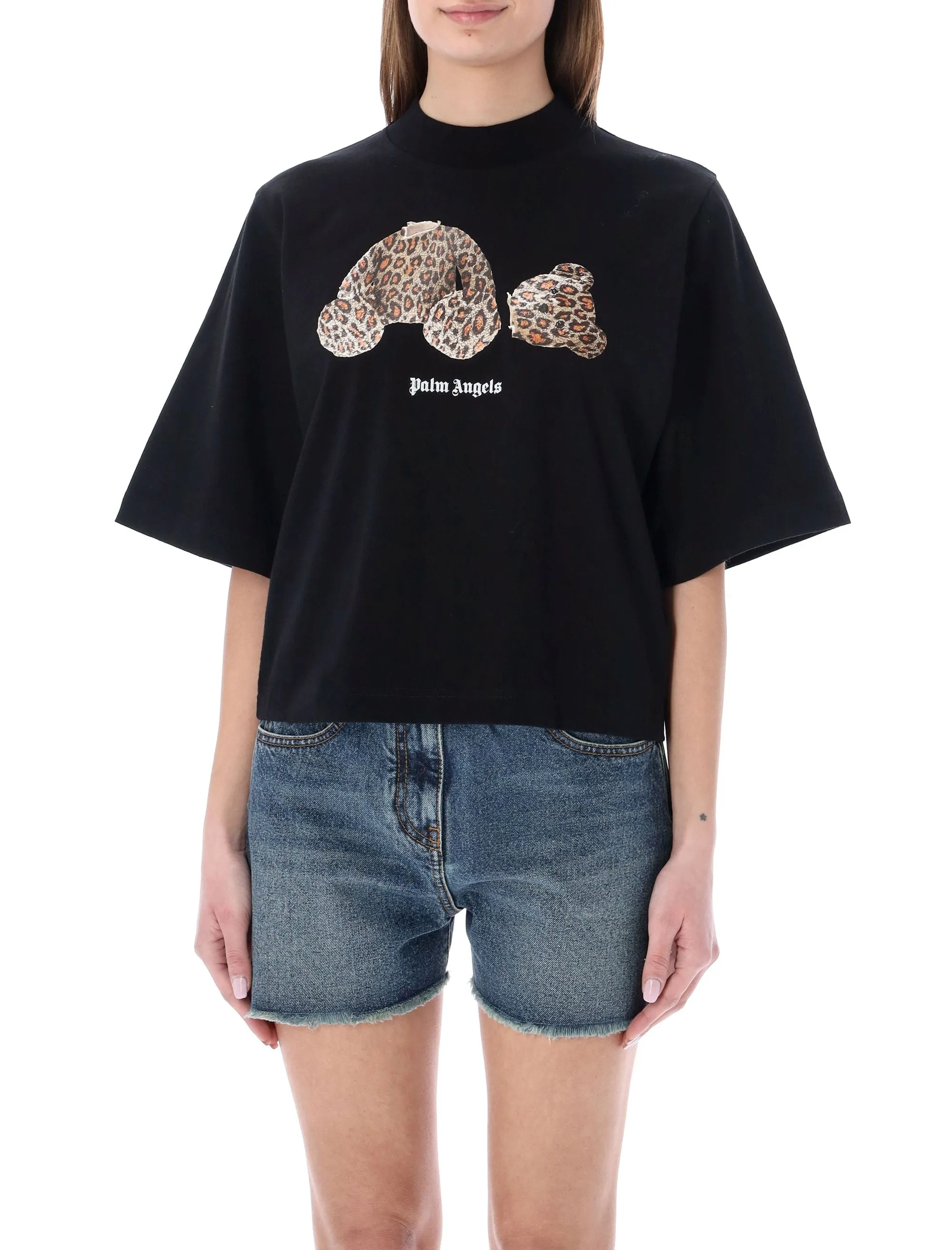 Palm Angels Leopard Bear Print Cropped T-Shirt