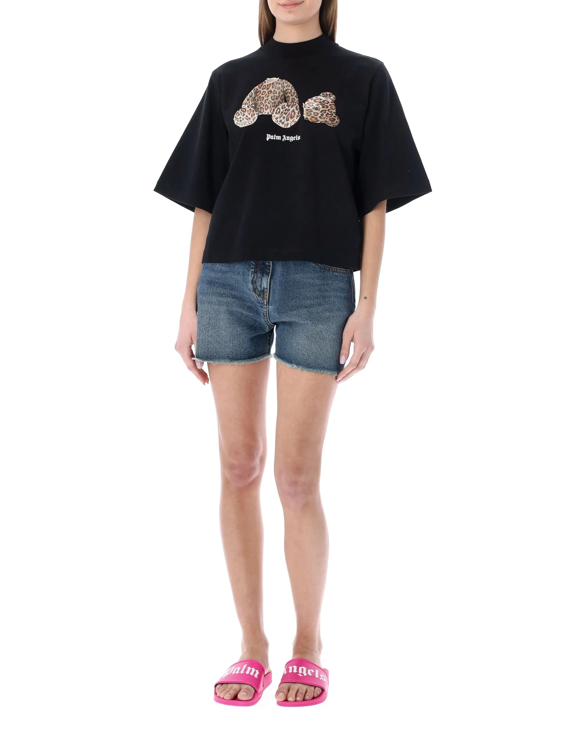 Palm Angels Leopard Bear Print Cropped T-Shirt