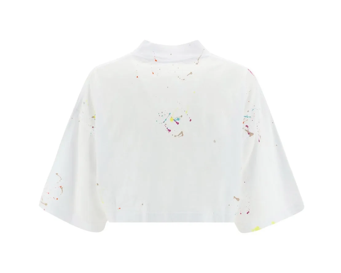 Palm Angels Paint-Splatter Mockneck Cropped T-Shirt