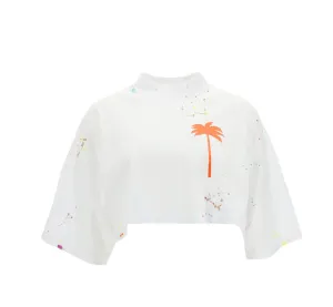 Palm Angels Paint-Splatter Mockneck Cropped T-Shirt
