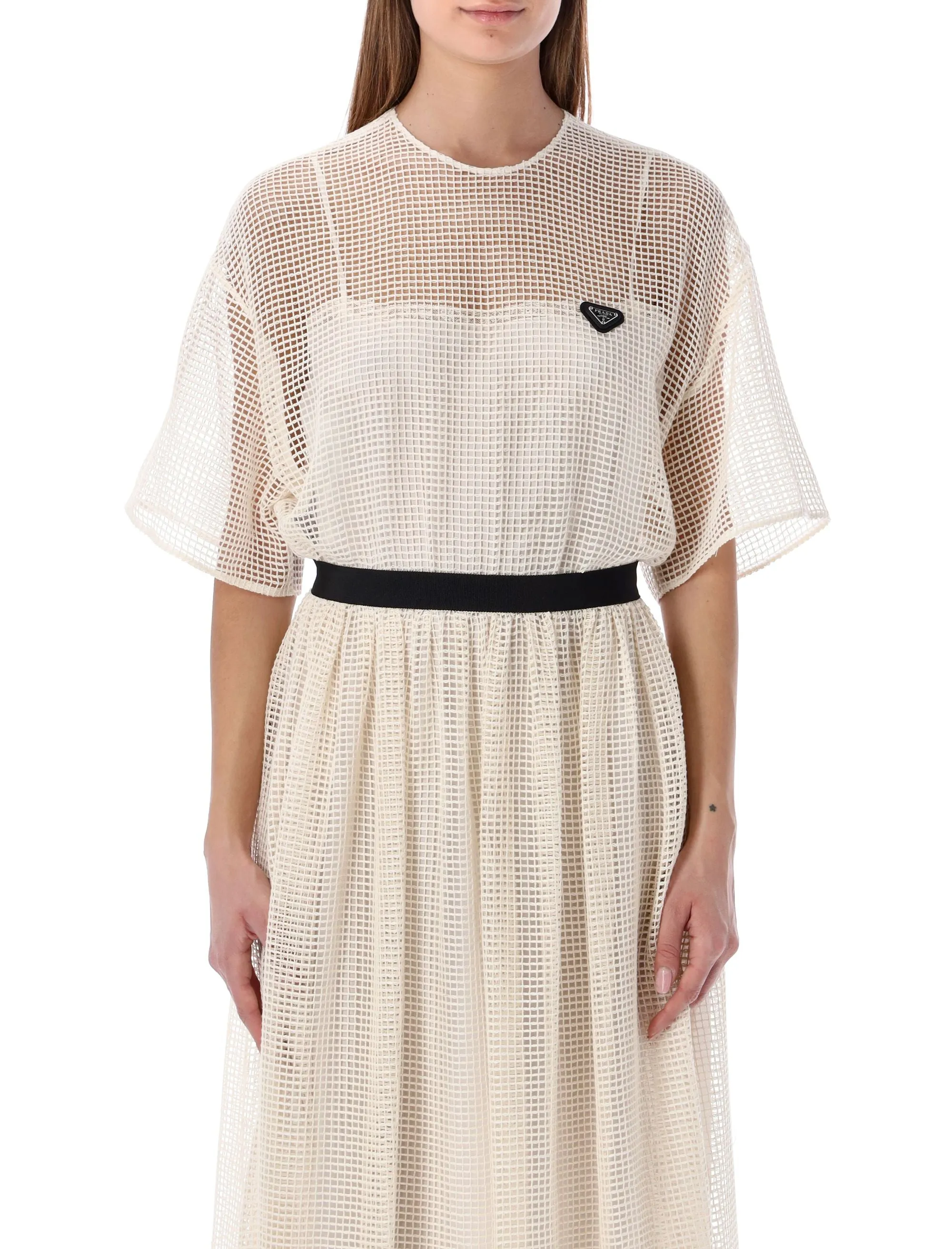 Prada Triangle Logo Mesh Maxi Dress