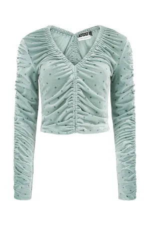 ROTATE Polka-Dot Gathered Detail V-Neck Top