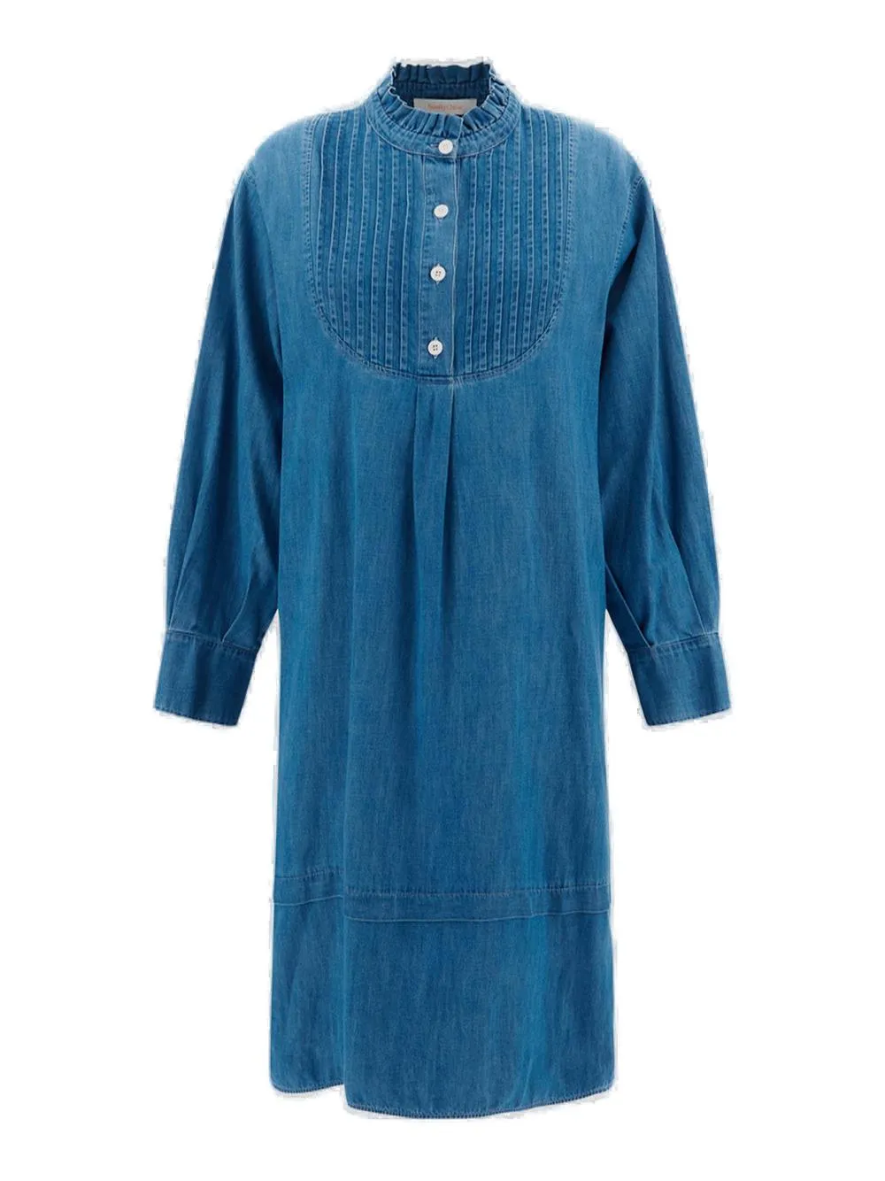 See By Chlo High-Low Hem Pleated Bib Denim Dress
