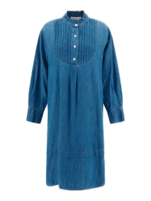 See By Chlo High-Low Hem Pleated Bib Denim Dress