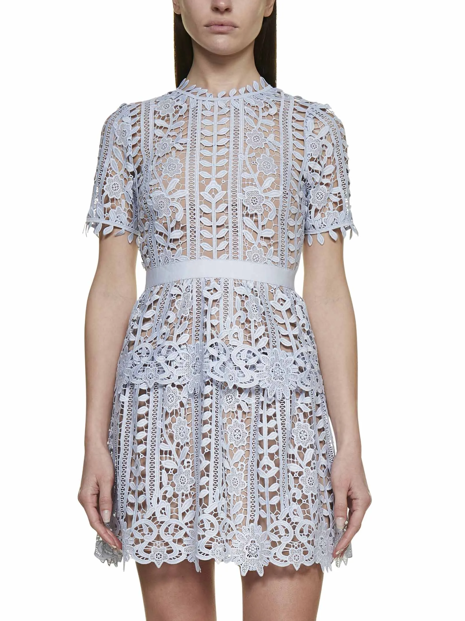 Self-Portrait Guipure Short-Sleeved Mini Dress