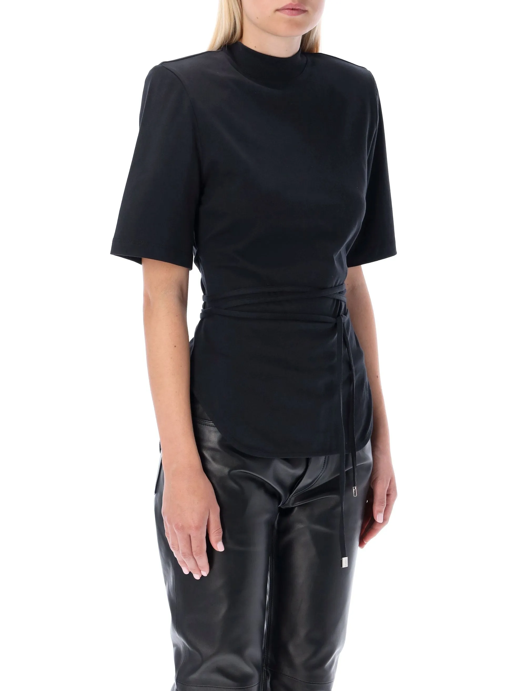 The Attico Aurelie Tied Waist Mock Neck T-Shirt
