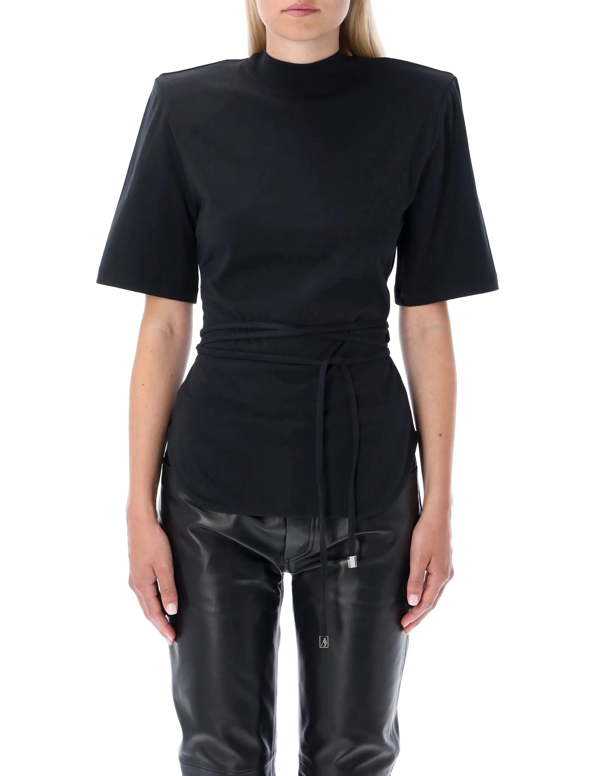 The Attico Aurelie Tied Waist Mock Neck T-Shirt