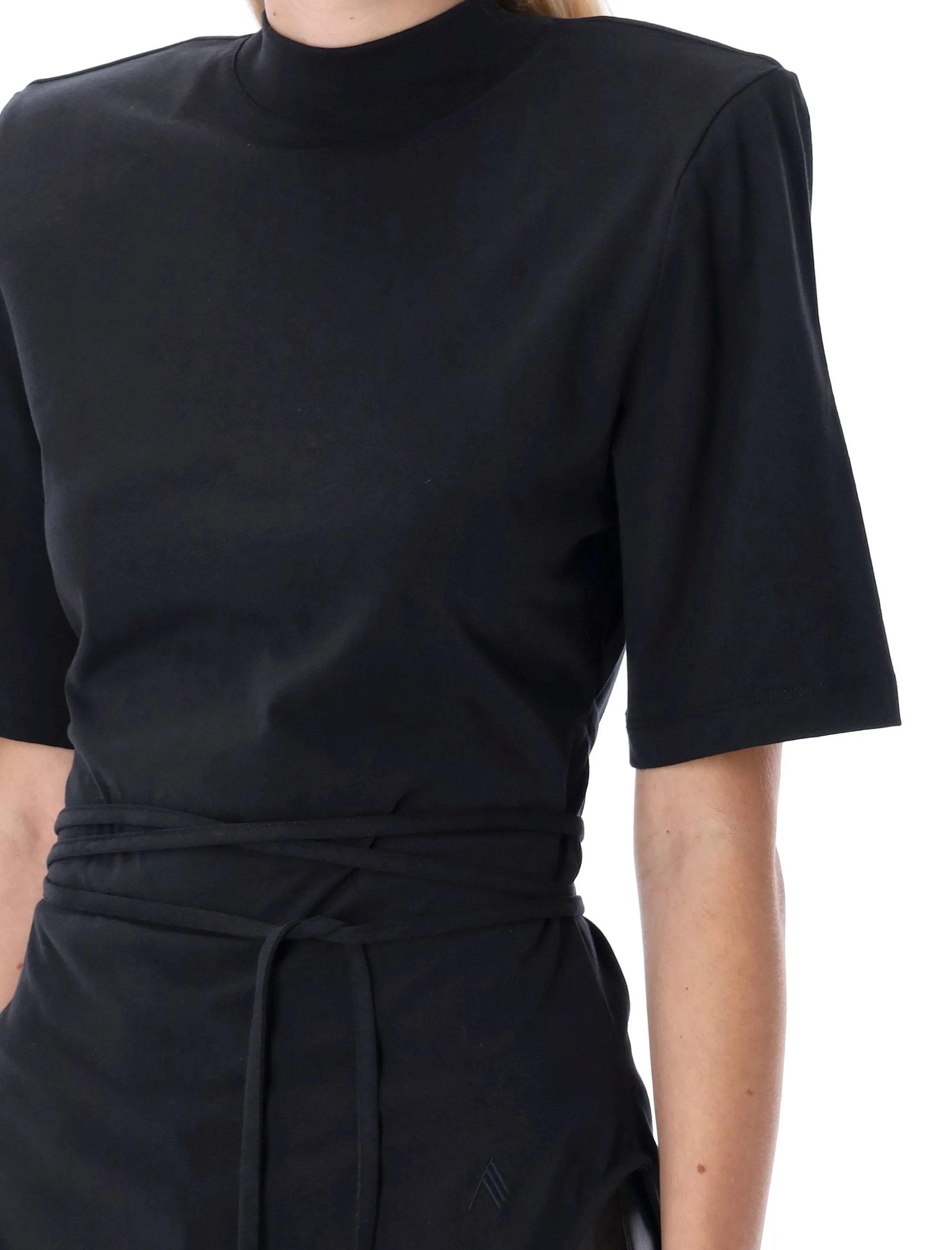The Attico Aurelie Tied Waist Mock Neck T-Shirt