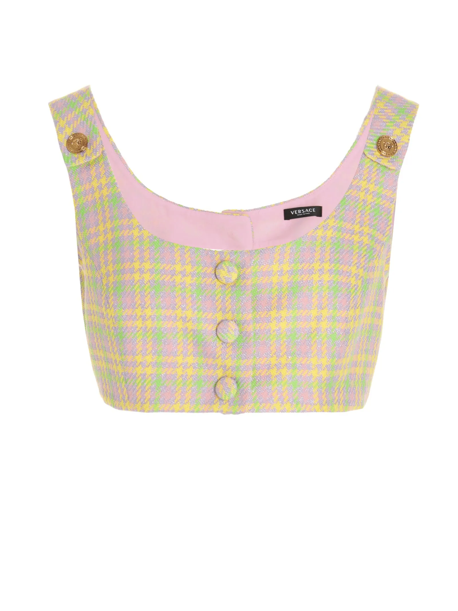Versace Check Pattern Buttoned Open-Back Cropped Top