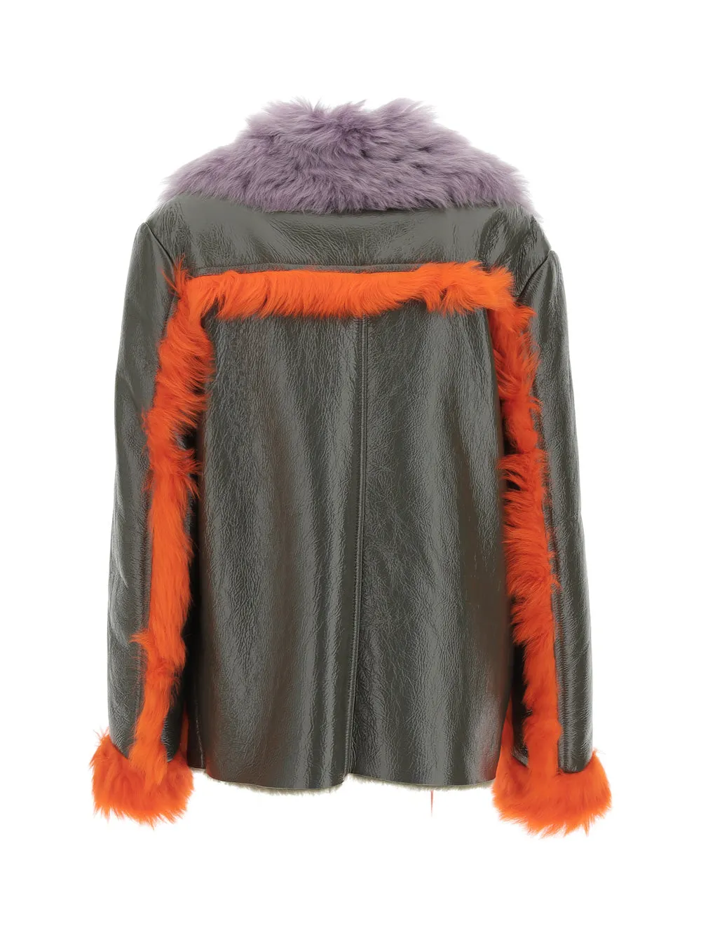 Versace Long Sleeved Shearling-Trimmed Leather Jacket