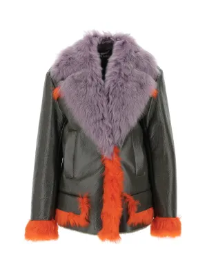 Versace Long Sleeved Shearling-Trimmed Leather Jacket